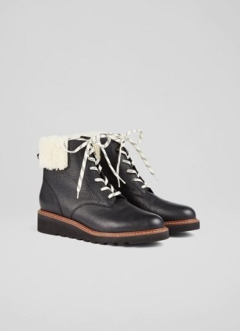 L.K. BENNETT EVANGELINE BLACK LEATHER AND SHEARLING LACE-UP WEDGE BOOTS ~ womens stylish winter footwear - flipped