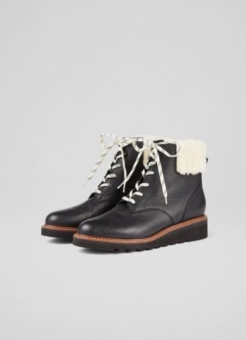 L.K. BENNETT EVANGELINE BLACK LEATHER AND SHEARLING LACE-UP WEDGE BOOTS ~ womens stylish winter footwear
