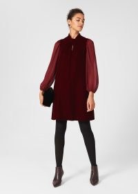 HOBBS FAYE VELVET A LINE DRESS DEEP RED – sheer long sleeve party dresses – womens occasion fashion