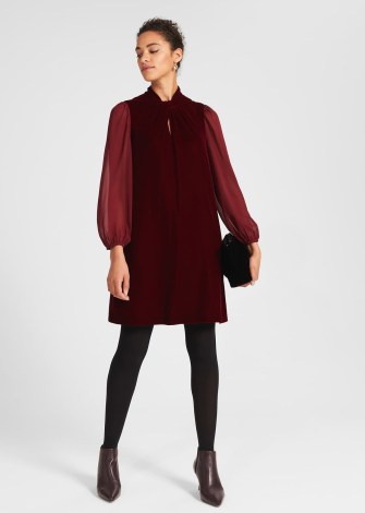 HOBBS FAYE VELVET A LINE DRESS DEEP RED – sheer long sleeve party dresses – womens occasion fashion - flipped