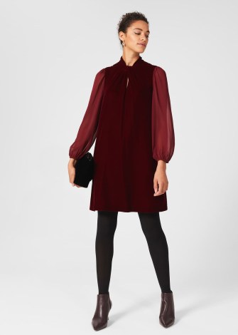 HOBBS FAYE VELVET A LINE DRESS DEEP RED – sheer long sleeve party dresses – womens occasion fashion