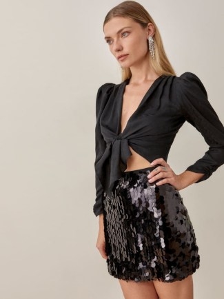 REFORMATION Feliz Mini Skirt in Black ~ sequinned evening skirts ~ glamorous party fashion - flipped