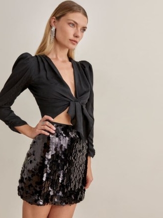 REFORMATION Feliz Mini Skirt in Black ~ sequinned evening skirts ~ glamorous party fashion