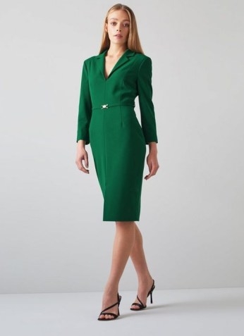 L.K. BENNETT FRANKIE GREEN CREPE BELTED DRESS ~ long sleeve pencil dresses ~ classic style fashion - flipped