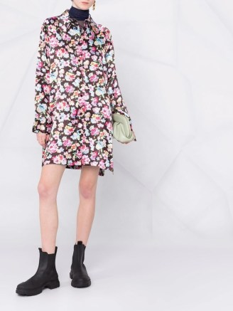 GANNI floral-print mini shirt dress / multicoloured satin effect pointed collar dresses - flipped