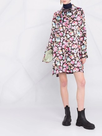 GANNI floral-print mini shirt dress / multicoloured satin effect pointed collar dresses