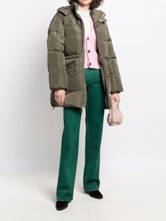 GANNI oversize midi puffer coat in kalamata green – womens designer padded winter coats - flipped
