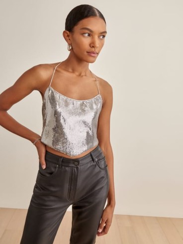 REFORMATION Gayle Top in Silver ~ metallic spaghetti strap halter neck tops ~ strappy sequin evening fashion ~ sequinned halterneck - flipped