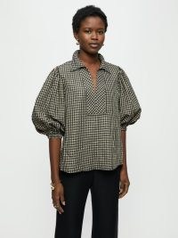 JIGSAW Gingham Seersucker Shirt in Black / checked puff sleeve blouses / womens balloon sleeved pullover shirts