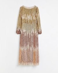 RIVER ISLAND GOLD OMBRE SEQUIN MIDI DRESS ~ glittering long sleeve split hem evening occasion dresses ~ womens sequinned party fashion