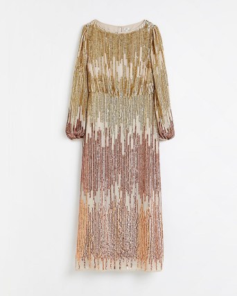 RIVER ISLAND GOLD OMBRE SEQUIN MIDI DRESS ~ glittering long sleeve split hem evening occasion dresses ~ womens sequinned party fashion