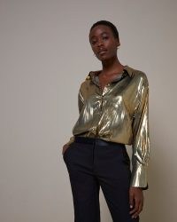 River Island GOLD RI STUDIO METALLIC OVERSIZED SHIRT – womens shiny luxe style shirts