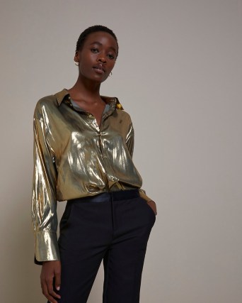 River Island GOLD RI STUDIO METALLIC OVERSIZED SHIRT – womens shiny luxe style shirts - flipped