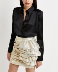 RIVER ISLAND GOLD RUCHED FITTED MINI SKIRT ~ metallic ruffle layered skirts ~ glamorous party fashion