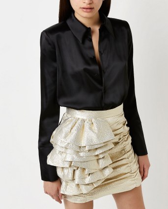 RIVER ISLAND GOLD RUCHED FITTED MINI SKIRT ~ metallic ruffle layered skirts ~ glamorous party fashion - flipped