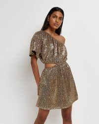 River Island GOLD SEQUIN ASYMMETRIC MINI DRESS | sequinned side cut out one shoulder party dresses | womens glittering occasion fashion
