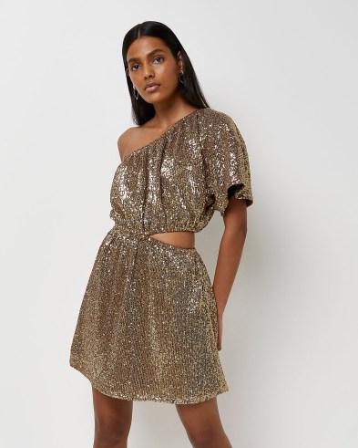 River Island GOLD SEQUIN ASYMMETRIC MINI DRESS | sequinned side cut out one shoulder party dresses | womens glittering occasion fashion - flipped