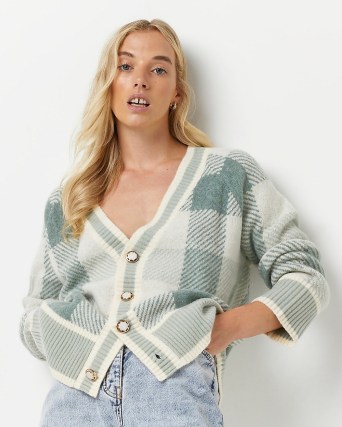 RIVER ISLAND GREEN CHECK OVERSIZED CARDIGAN ~ fashionable relaxed fit cardigans ~ womens checked knitwear - flipped
