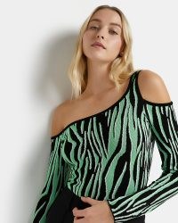 RIVER ISLAND GREEN COLD SHOULDER ZEBRA PRINT KNITTED TOP / asymmetric off the shoulder animal print tops / cut out detail fashion