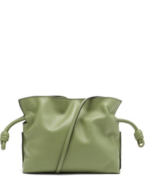LOEWE Flamenco mini green-leather clutch bag ~ small luxe shoulder bags ~ luxury drawstring top handbags - flipped