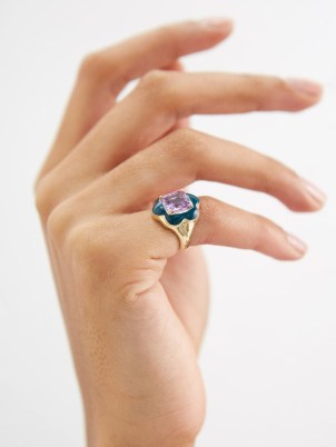BEA BONGIASCA Give Them Flowers amethyst, teal enamel & 9kt gold ring | beautiful floral themed pinky rings - flipped