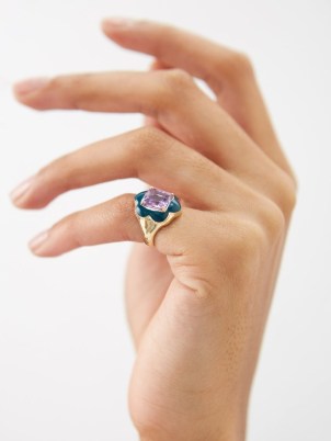 BEA BONGIASCA Give Them Flowers amethyst, teal enamel & 9kt gold ring | beautiful floral themed pinky rings