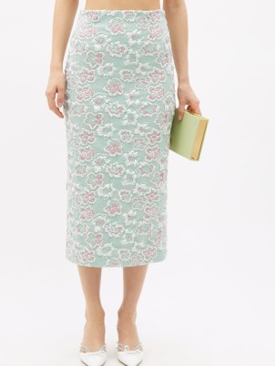 MIU MIU Metallic-cloqué pencil skirt in green ~ feminine floral skirts ~ womens luxe look occasion fashion - flipped