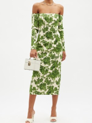 EMILIA WICKSTEAD Mirta off-the-shoulder green rose-print taffeta dress – romantic style bardot dresses – romance inspired fashion