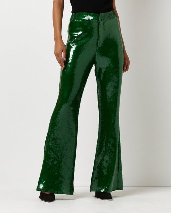 River Island GREEN SEQUIN FLARED TROUSERS | sequinned flares | womens retro party fashion - flipped