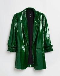 River Island GREEN SEQUIN OVERSIZED BLAZER | womens ruched sleeve sequinned evening jackets | retro party fashion