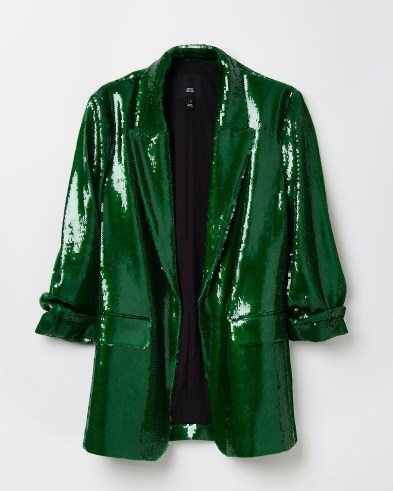River Island GREEN SEQUIN OVERSIZED BLAZER | womens ruched sleeve sequinned evening jackets | retro party fashion - flipped