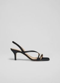 L.K. BENNETT GRETA BLACK PEARL ASYMMETRIC STRAPPY SANDALS ~ strappy satin slingbacks ~ chic party shoes