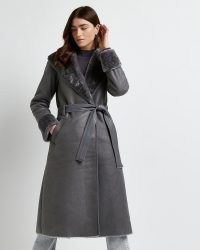 RIVER ISLAND GREY FAUX FUR TRIM BELTED TRENCH COAT ~ women’s faux leather tie waist winter coats