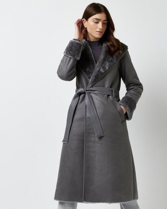 RIVER ISLAND GREY FAUX FUR TRIM BELTED TRENCH COAT ~ women’s faux leather tie waist winter coats - flipped