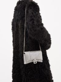 BALENCIAGA Hourglass crystal-embellished cross-body bag in silver – glamorous evening crossbody – luxe chain strap occasion bags – event handbags covered in crystals – party glamour