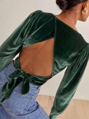 Reformation Henning Velvet Top in Forest – beautiful green open back crop tops - flipped