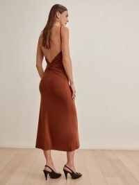 REFORMATION Hex Dress in Chestnut ~ brown twist detail open back dresses ~ skinny strap evening fashion