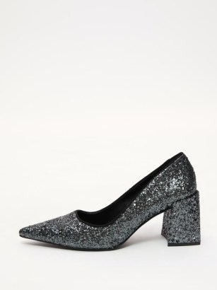JIGSAW Isabel Glitter Court Shoe in Gunmetal / glittering block heel courts / sparkling pointed toe shoes - flipped