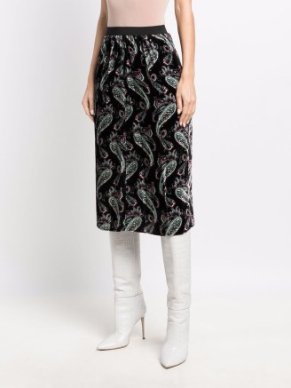 Isabel Marant Menodia paisley-print velvet midi skirt | black printed skirts - flipped