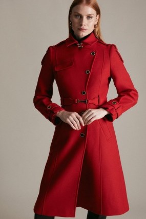 KAREN MILLEN Italian Wool Epaulette Detail Coat in Red – womens military style winter coats – women’s chic belted outerwear