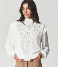 REISS IVANA IVANA LACE CREPE TOP OFF WHITE ~ feminine long sleeve high-neck frill trimmed tops