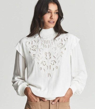 REISS IVANA IVANA LACE CREPE TOP OFF WHITE ~ feminine long sleeve high-neck frill trimmed tops - flipped