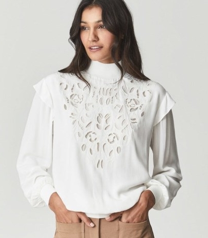 REISS IVANA IVANA LACE CREPE TOP OFF WHITE ~ feminine long sleeve high-neck frill trimmed tops