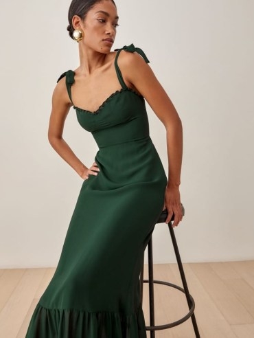 REFORMATION Jasen Dress in Forest ~ dark green tie shoulder strap ruffle hem maxi dresses ~ romantic style occasion dresses ~ romance inspired fashion - flipped