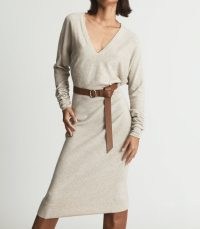 REISS JENNA CASHMERE BLEND RUCHED SLEEVE DRESS STONE ~ chic deep V-neck sweater dresses ~ womens luxe knitwear fashion