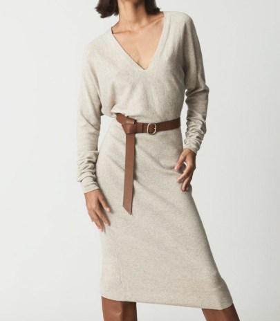 REISS JENNA CASHMERE BLEND RUCHED SLEEVE DRESS STONE ~ chic deep V-neck sweater dresses ~ womens luxe knitwear fashion - flipped