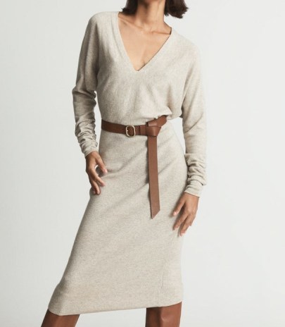 REISS JENNA CASHMERE BLEND RUCHED SLEEVE DRESS STONE ~ chic deep V-neck sweater dresses ~ womens luxe knitwear fashion