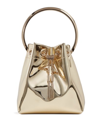 JIMMY CHOO Bon Bon Bag in gold | metallic circular top handle bags | luxe drawstring handbags - flipped