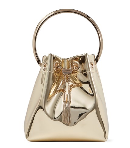 JIMMY CHOO Bon Bon Bag in gold | metallic circular top handle bags | luxe drawstring handbags