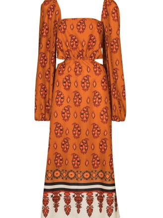Johanna Ortiz Indian Roar cut-out dress in brick orange – square neck back tie printed cotton dresses - flipped